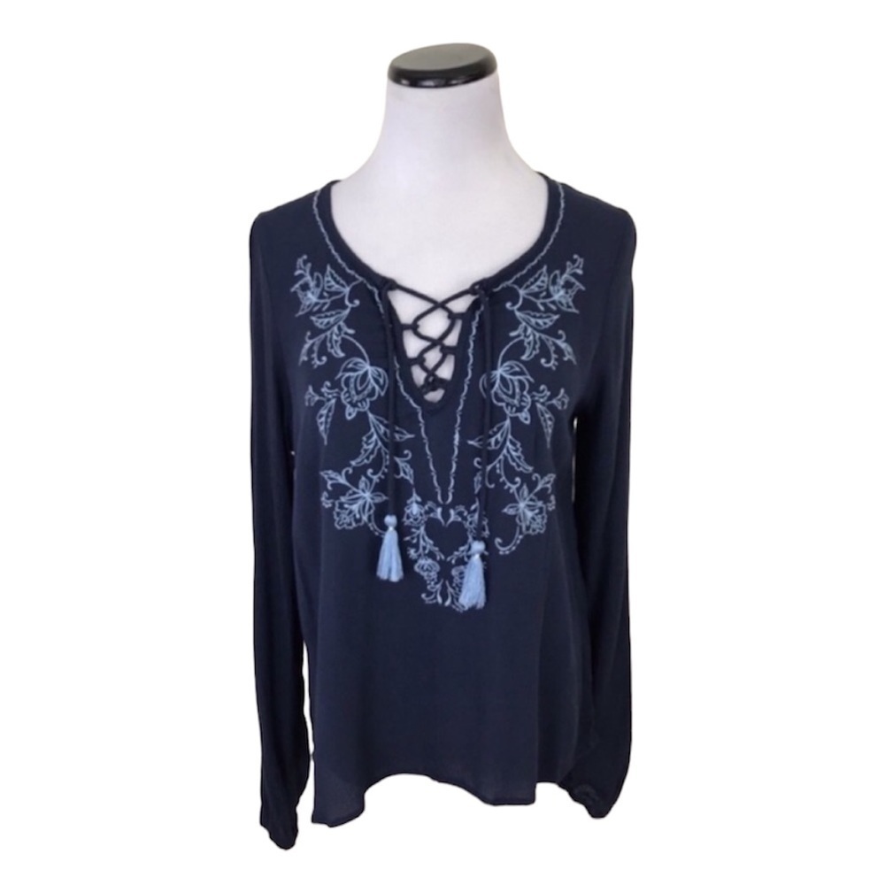 Aeropostale Embroidered Lace Up Long Sleeve Blouse Top Navy Blue Size XS